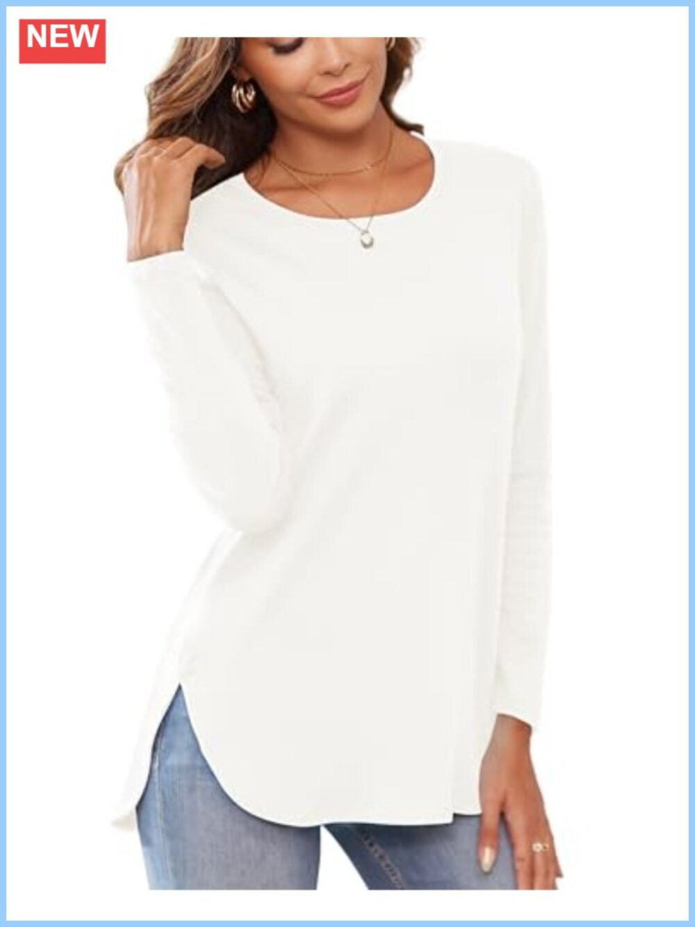 Cotton Blend Long Sleeve Side Split Tunic Top Loose Pullover